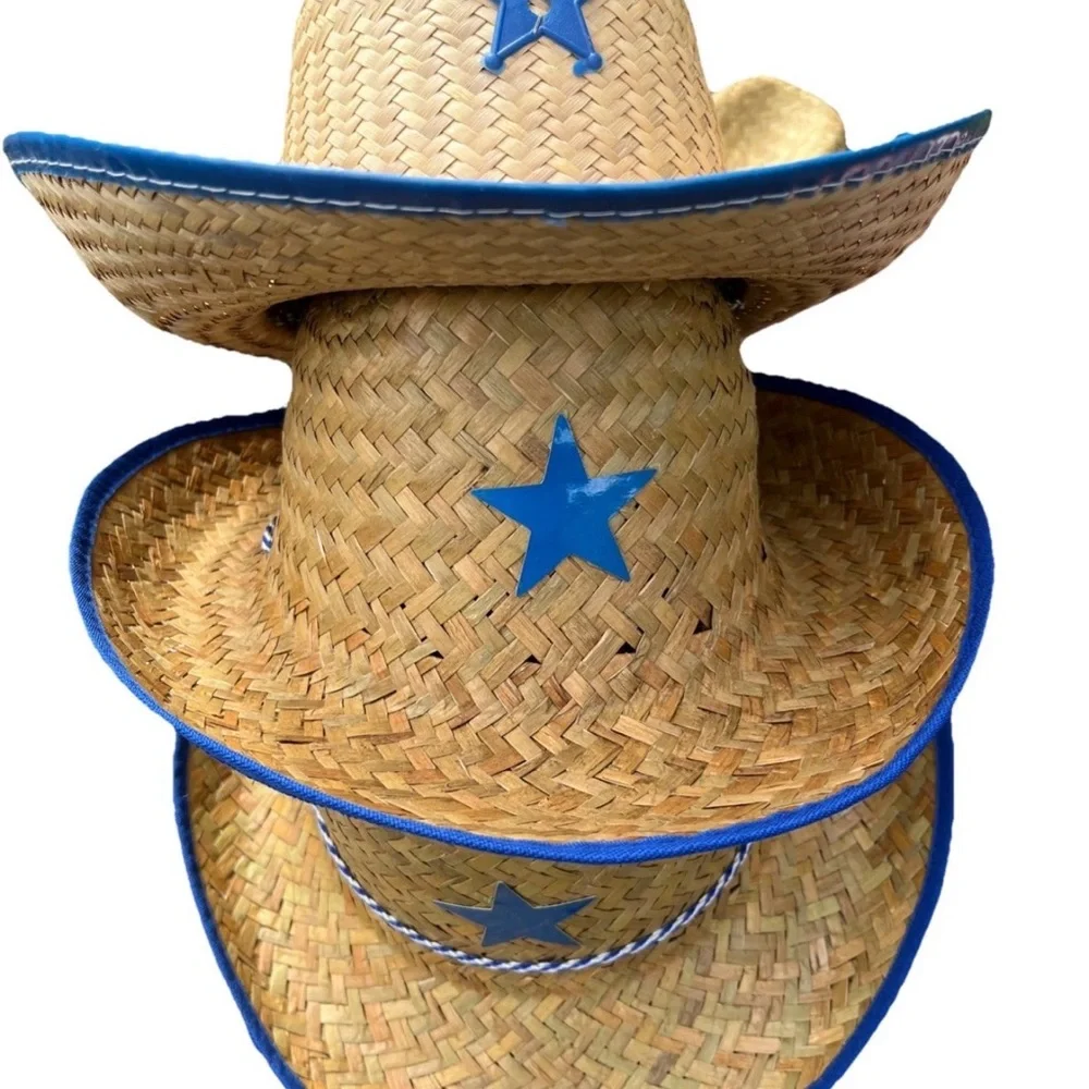 Set of 3 Straw Cowboy Hats for Kids - Sheriff Costume Red and Blue - Picture 7 of 10